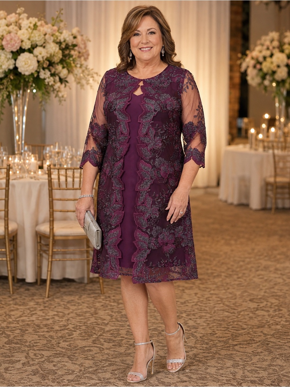 Alex Evenings - 81122202 Plum Embroidered Lace Mock Jacket Jersey Dress Size 18